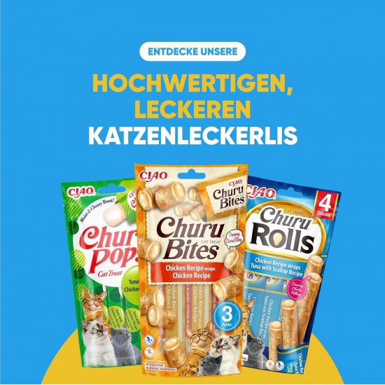 INABA Churu Rolls No By-Products with 59% Chicken Meat Cat Treats, Grain-Free, Sugar-Free, Perfect for Hiding Tablet, Soft and Juicy Chew Sticks for Cats 40 g INABA Churu Rolls No By-Products with 59% Chicken Meat Cat Treats, Grain-Free, Sugar-Free, Perfect for Hiding Tablet, Soft and Juicy Chew Sticks for Cats 40 g