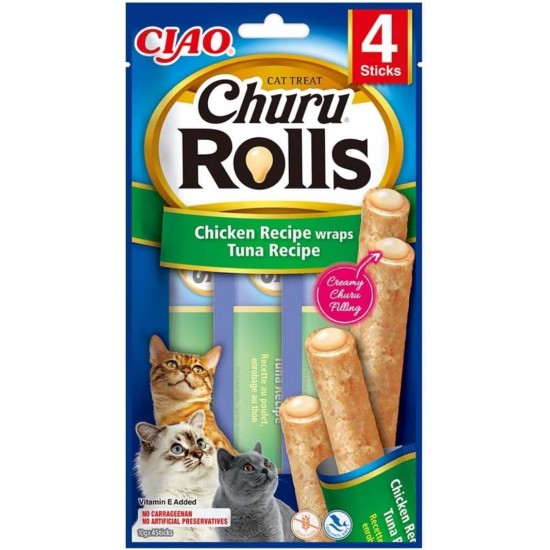 INABA Churu Rolls No By-Products with 59% Chicken Meat Cat Treats, Grain-Free, Sugar-Free, Perfect for Hiding Tablet, Soft and Juicy Chew Sticks for Cats 40 g INABA Churu Rolls No By-Products with 59% Chicken Meat Cat Treats, Grain-Free, Sugar-Free, Perfect for Hiding Tablet, Soft and Juicy Chew Sticks for Cats 40 g