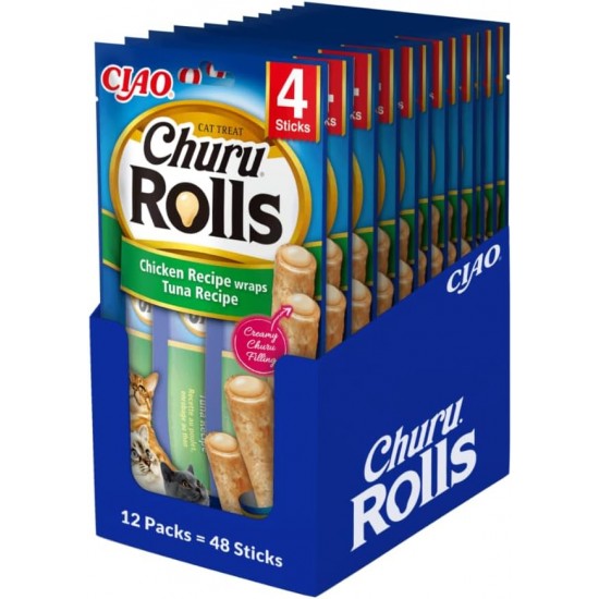 INABA Churu Rolls No By-Products with 59% Chicken Meat Cat Treats, Grain-Free, Sugar-Free, Perfect for Hiding Tablet, Soft and Juicy Chew Sticks for Cats 40 g INABA Churu Rolls No By-Products with 59% Chicken Meat Cat Treats, Grain-Free, Sugar-Free, Perfect for Hiding Tablet, Soft and Juicy Chew Sticks for Cats 40 g