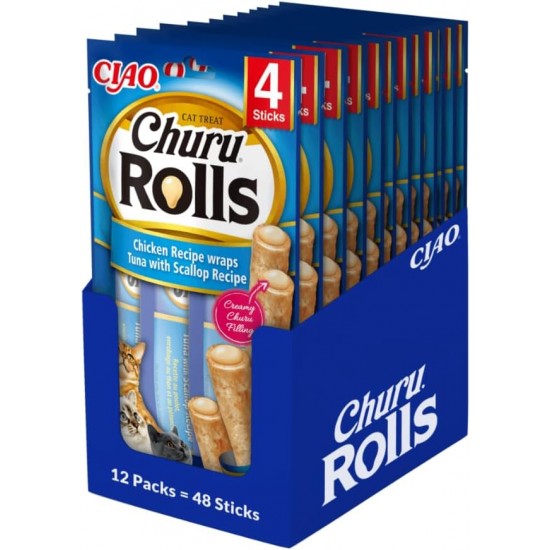 INABA Churu Rolls No By-Products with 59% Chicken Meat Cat Treats, Grain-Free, Sugar-Free, Perfect for Hiding Tablet, Soft and Juicy Chew Sticks for Cats 40 g INABA Churu Rolls No By-Products with 59% Chicken Meat Cat Treats, Grain-Free, Sugar-Free, Perfect for Hiding Tablet, Soft and Juicy Chew Sticks for Cats 40 g