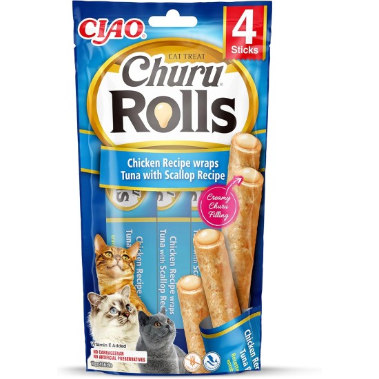 INABA Churu Rolls Rich in Chicken and Tuna Cat Treats | Grain-Free, Sugar Free, No Artificial Flavours Cat Snacks 40 g (Pack of 1) INABA Churu Rolls Rich in Chicken and Tuna Cat Treats | Grain-Free, Sugar Free, No Artificial Flavours Cat Snacks 40 g (Pack of 1)