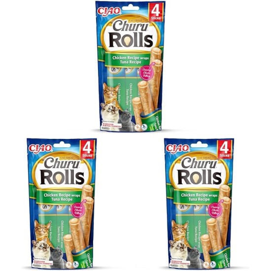 INABA Churu Rolls Rich in Chicken and Tuna Cat Treats | Grain-Free, Sugar Free, No Artificial Flavours Cat Snacks 40 g (Pack of 1) INABA Churu Rolls Rich in Chicken and Tuna Cat Treats | Grain-Free, Sugar Free, No Artificial Flavours Cat Snacks 40 g (Pack of 1)