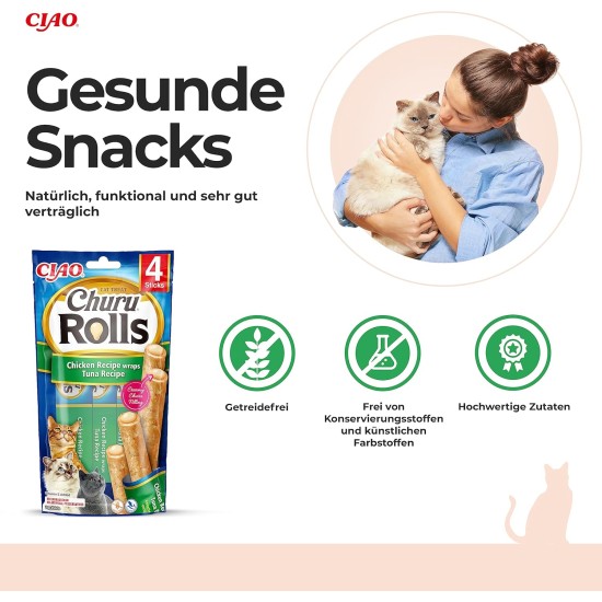 INABA Churu Rolls Rich in Chicken and Tuna Cat Treats | Grain-Free, Sugar Free, No Artificial Flavours Cat Snacks 40 g (Pack of 1) INABA Churu Rolls Rich in Chicken and Tuna Cat Treats | Grain-Free, Sugar Free, No Artificial Flavours Cat Snacks 40 g (Pack of 1)