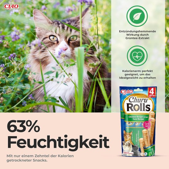 INABA Churu Rolls Rich in Chicken and Tuna Cat Treats | Grain-Free, Sugar Free, No Artificial Flavours Cat Snacks 40 g (Pack of 1) INABA Churu Rolls Rich in Chicken and Tuna Cat Treats | Grain-Free, Sugar Free, No Artificial Flavours Cat Snacks 40 g (Pack of 1)