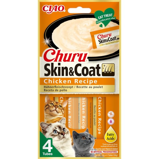 INABA Churu Skin & Coat - Cat Treats with Chicken - Omega 3 & 6 and Taurine - Feline Snacks, Creamy Texture - Cat Food, Skin & Fur - 4 Tubes x 14 g INABA Churu Skin & Coat - Cat Treats with Chicken - Omega 3 & 6 and Taurine - Feline Snacks, Creamy Texture - Cat Food, Skin & Fur - 4 Tubes x 14 g
