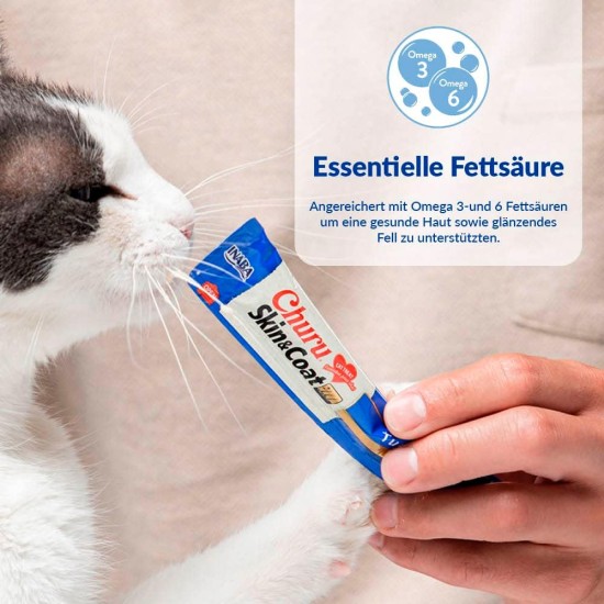 INABA Churu Skin & Coat - Cat Treats with Chicken - Omega 3 & 6 and Taurine - Feline Snacks, Creamy Texture - Cat Food, Skin & Fur - 4 Tubes x 14 g INABA Churu Skin & Coat - Cat Treats with Chicken - Omega 3 & 6 and Taurine - Feline Snacks, Creamy Texture - Cat Food, Skin & Fur - 4 Tubes x 14 g