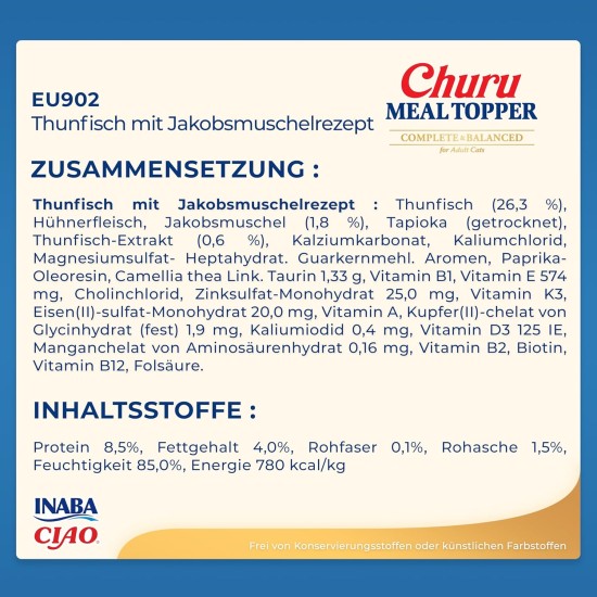 INABA Churu Skin & Coat - Cat Treats with Chicken - Omega 3 & 6 and Taurine - Feline Snacks, Creamy Texture - Cat Food, Skin & Fur - 4 Tubes x 14 g INABA Churu Skin & Coat - Cat Treats with Chicken - Omega 3 & 6 and Taurine - Feline Snacks, Creamy Texture - Cat Food, Skin & Fur - 4 Tubes x 14 g