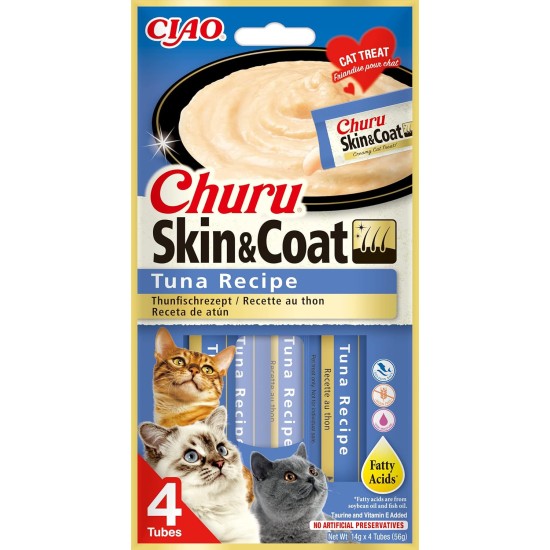 INABA Churu Skin & Coat - Cat Treats with Chicken - Omega 3 & 6 and Taurine - Feline Snacks, Creamy Texture - Cat Food, Skin & Fur - 4 Tubes x 14 g INABA Churu Skin & Coat - Cat Treats with Chicken - Omega 3 & 6 and Taurine - Feline Snacks, Creamy Texture - Cat Food, Skin & Fur - 4 Tubes x 14 g