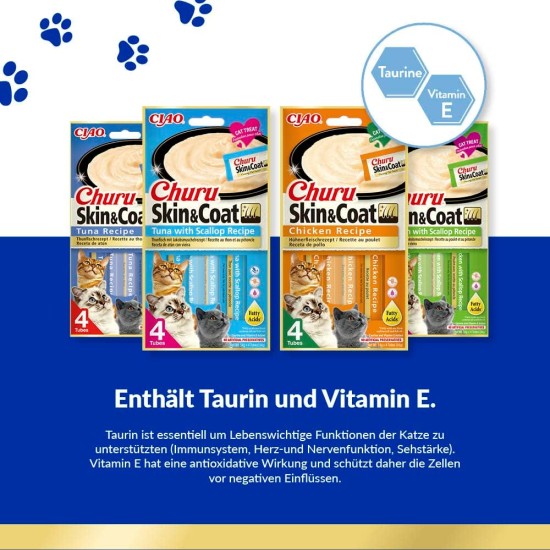 INABA Churu Skin & Coat - Cat Treats with Chicken - Omega 3 & 6 and Taurine - Feline Snacks, Creamy Texture - Cat Food, Skin & Fur - 4 Tubes x 14 g INABA Churu Skin & Coat - Cat Treats with Chicken - Omega 3 & 6 and Taurine - Feline Snacks, Creamy Texture - Cat Food, Skin & Fur - 4 Tubes x 14 g