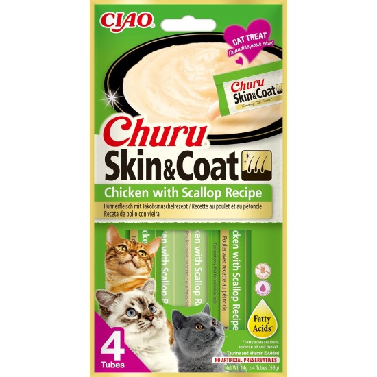INABA Churu Skin & Coat - Cat Treats with Chicken - Omega 3 & 6 and Taurine - Feline Snacks, Creamy Texture - Cat Food, Skin & Fur - 4 Tubes x 14 g INABA Churu Skin & Coat - Cat Treats with Chicken - Omega 3 & 6 and Taurine - Feline Snacks, Creamy Texture - Cat Food, Skin & Fur - 4 Tubes x 14 g