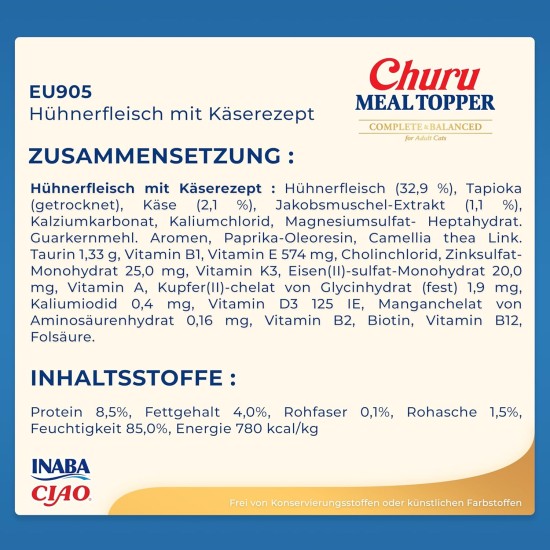 INABA Churu Skin & Coat - Cat Treats with Chicken - Omega 3 & 6 and Taurine - Feline Snacks, Creamy Texture - Cat Food, Skin & Fur - 4 Tubes x 14 g INABA Churu Skin & Coat - Cat Treats with Chicken - Omega 3 & 6 and Taurine - Feline Snacks, Creamy Texture - Cat Food, Skin & Fur - 4 Tubes x 14 g