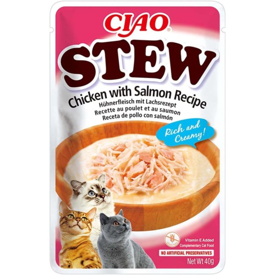 INABA Ciao Stew Cat Snacks 86% Moisture and Vitamin E, Creamy Premium Cat Treats with Chicken & Salmon 40 g (Pack of 1), Delicious Addition for Wet and Dry Food INABA Ciao Stew Cat Snacks 86% Moisture and Vitamin E, Creamy Premium Cat Treats with Chicken & Salmon 40 g (Pack of 1), Delicious Addition for Wet and Dry Food