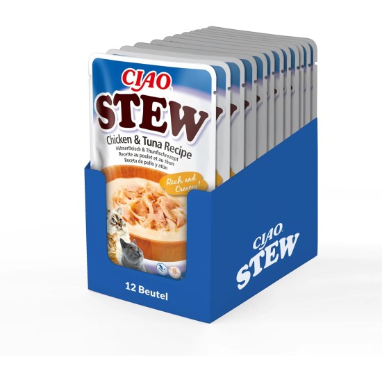 INABA Ciao Stew Cat Snacks 86% Moisture and Vitamin E, Creamy Premium Cat Treats with Chicken & Salmon 40 g (Pack of 1), Delicious Addition for Wet and Dry Food INABA Ciao Stew Cat Snacks 86% Moisture and Vitamin E, Creamy Premium Cat Treats with Chicken & Salmon 40 g (Pack of 1), Delicious Addition for Wet and Dry Food