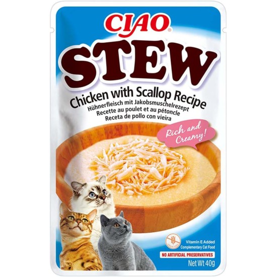 INABA Ciao Stew Cat Snacks 86% Moisture and Vitamin E, Creamy Premium Cat Treats with Chicken & Salmon 40 g (Pack of 1), Delicious Addition for Wet and Dry Food INABA Ciao Stew Cat Snacks 86% Moisture and Vitamin E, Creamy Premium Cat Treats with Chicken & Salmon 40 g (Pack of 1), Delicious Addition for Wet and Dry Food