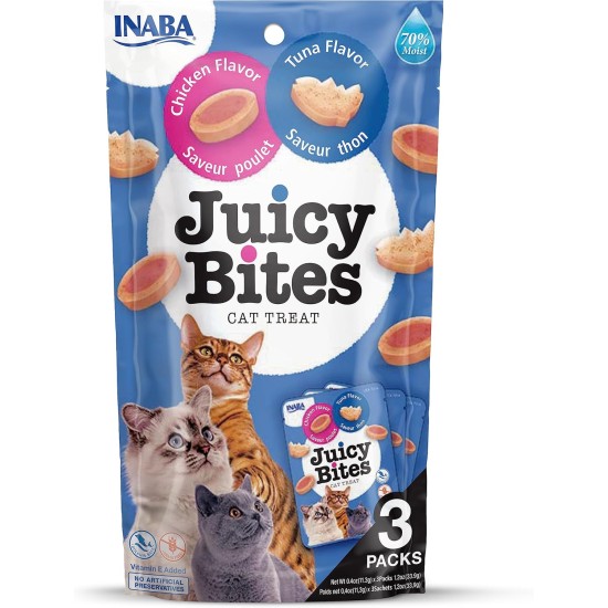 INABA Juicy Bites Cat Treats - Nibble Bags with Juicy Core in Funny Shapes - Mouth Size Cat Snacks in 2 Flavours - Chicken & Tuna 3 x 11 g INABA Juicy Bites Cat Treats - Nibble Bags with Juicy Core in Funny Shapes - Mouth Size Cat Snacks in 2 Flavours - Chicken & Tuna 3 x 11 g