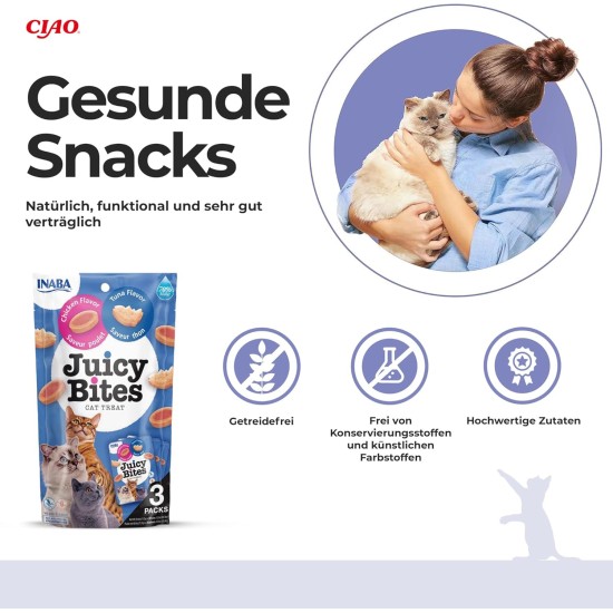 INABA Juicy Bites Cat Treats - Nibble Bags with Juicy Core in Funny Shapes - Mouth Size Cat Snacks in 2 Flavours - Chicken & Tuna 3 x 11 g INABA Juicy Bites Cat Treats - Nibble Bags with Juicy Core in Funny Shapes - Mouth Size Cat Snacks in 2 Flavours - Chicken & Tuna 3 x 11 g
