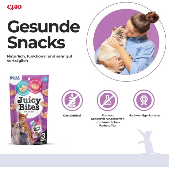 INABA Juicy Bites Cat Treats - Nibble Bags with Juicy Core in Funny Shapes - Mouth Size Cat Snacks in 2 Flavours - Chicken & Tuna 3 x 11 g INABA Juicy Bites Cat Treats - Nibble Bags with Juicy Core in Funny Shapes - Mouth Size Cat Snacks in 2 Flavours - Chicken & Tuna 3 x 11 g