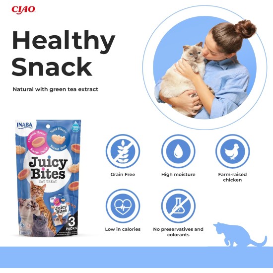 INABA Juicy Bites Rich in Chicken and Tuna Cat Treats, 98% Chicken Meat, 29% Protein, Grain Free, No Sugar, No By-Products, Premium Cat Treats from Japan, 33.9 g (Pack of 1) INABA Juicy Bites Rich in Chicken and Tuna Cat Treats, 98% Chicken Meat, 29% Protein, Grain Free, No Sugar, No By-Products, Premium Cat Treats from Japan, 33.9 g (Pack of 1)
