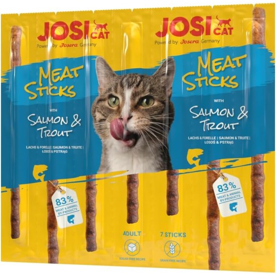 JosiCat Meat Sticks Salmon & Trout (20 x 35 g) | Delicious Chew Stick with Salmon & Trout | Cat Snack without Sugar & Artificial Flavour Enhancers | Grain-Free | Powered by Josera | 20 x 7 Sticks JosiCat Meat Sticks Salmon & Trout (20 x 35 g) | Delicious Chew Stick with Salmon & Trout | Cat Snack without Sugar & Artificial Flavour Enhancers | Grain-Free | Powered by Josera | 20 x 7 Sticks