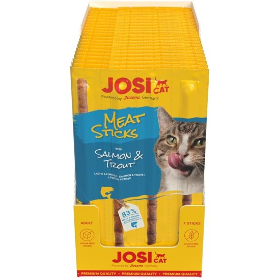 JosiCat Meat Sticks Salmon & Trout (20 x 35 g) | Delicious Chew Stick with Salmon & Trout | Cat Snack without Sugar & Artificial Flavour Enhancers | Grain-Free | Powered by Josera | 20 x 7 Sticks JosiCat Meat Sticks Salmon & Trout (20 x 35 g) | Delicious Chew Stick with Salmon & Trout | Cat Snack without Sugar & Artificial Flavour Enhancers | Grain-Free | Powered by Josera | 20 x 7 Sticks