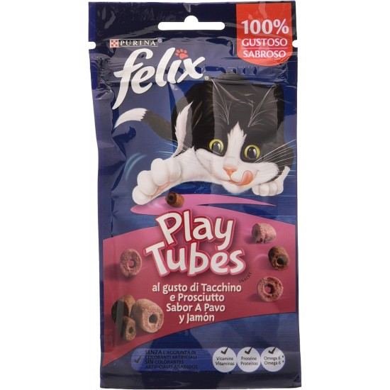 Purina Felix Cat Snack Play Tubes - 8 Packs of 50g for Adult Cats - Cat Snack with Turkey and Ham Purina Felix Cat Snack Play Tubes - 8 Packs of 50g for Adult Cats - Cat Snack with Turkey and Ham