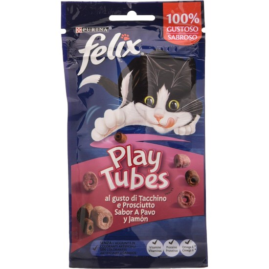 Purina Felix Cat Snack Play Tubes - 8 Packs of 50g for Adult Cats - Cat Snack with Turkey and Ham Purina Felix Cat Snack Play Tubes - 8 Packs of 50g for Adult Cats - Cat Snack with Turkey and Ham