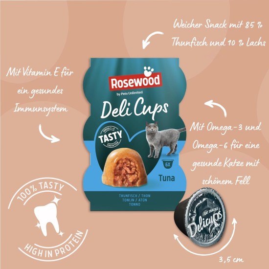 Rosewood Deli Cups Tuna & Chicken - Soft Cat Snack with Tuna and Chicken, Natural Ingredients, Omega-3 and Omega-6 Fatty Acids, No Salt or Sugar, No Artificial Additives, 6 x 22 g Rosewood Deli Cups Tuna & Chicken - Soft Cat Snack with Tuna and Chicken, Natural Ingredients, Omega-3 and Omega-6 Fatty Acids, No Salt or Sugar, No Artificial Additives, 6 x 22 g
