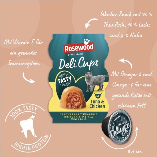 Rosewood Deli Cups Tuna & Chicken - Soft Cat Snack with Tuna and Chicken, Natural Ingredients, Omega-3 and Omega-6 Fatty Acids, No Salt or Sugar, No Artificial Additives, 6 x 22 g Rosewood Deli Cups Tuna & Chicken - Soft Cat Snack with Tuna and Chicken, Natural Ingredients, Omega-3 and Omega-6 Fatty Acids, No Salt or Sugar, No Artificial Additives, 6 x 22 g