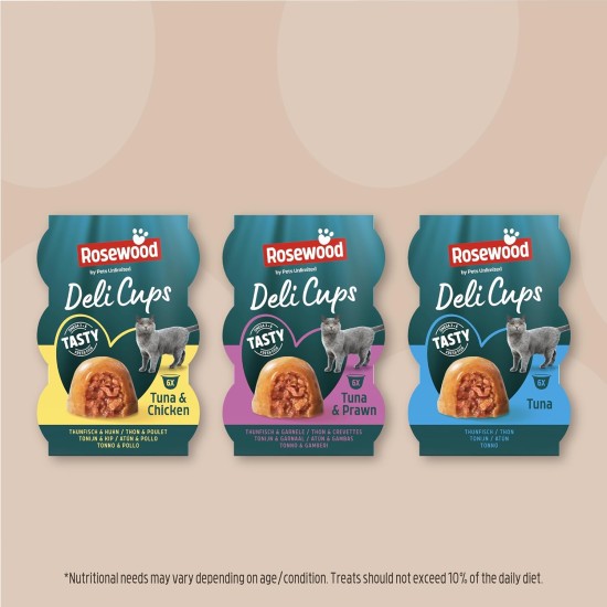 Rosewood Deli Cups Tuna & Chicken - Soft Cat Snack with Tuna and Chicken, Natural Ingredients, Omega-3 and Omega-6 Fatty Acids, No Salt or Sugar, No Artificial Additives, 6 x 22 g Rosewood Deli Cups Tuna & Chicken - Soft Cat Snack with Tuna and Chicken, Natural Ingredients, Omega-3 and Omega-6 Fatty Acids, No Salt or Sugar, No Artificial Additives, 6 x 22 g