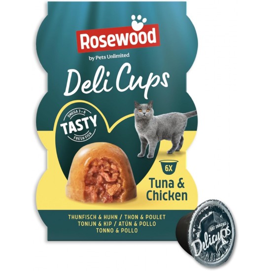 Rosewood Deli Cups Tuna & Chicken - Soft Cat Snack with Tuna and Chicken, Natural Ingredients, Omega-3 and Omega-6 Fatty Acids, No Salt or Sugar, No Artificial Additives, 6 x 22 g Rosewood Deli Cups Tuna & Chicken - Soft Cat Snack with Tuna and Chicken, Natural Ingredients, Omega-3 and Omega-6 Fatty Acids, No Salt or Sugar, No Artificial Additives, 6 x 22 g
