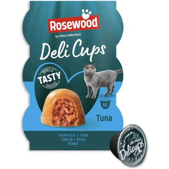 Rosewood Deli Cups Tuna & Chicken - Soft Cat Snack with Tuna and Chicken, Natural Ingredients, Omega-3 and Omega-6 Fatty Acids, No Salt or Sugar, No Artificial Additives, 6 x 22 g Rosewood Deli Cups Tuna & Chicken - Soft Cat Snack with Tuna and Chicken, Natural Ingredients, Omega-3 and Omega-6 Fatty Acids, No Salt or Sugar, No Artificial Additives, 6 x 22 g