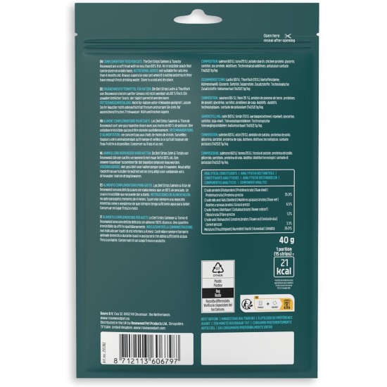 Rosewood Deli Strips Salmon & Tuna - Soft and Delicate Cat Snack with Salmon and Tuna, Low Fat Treats for Cats, No Added Salt or Sugar, No Artificial Additives, 40 g Rosewood Deli Strips Salmon & Tuna - Soft and Delicate Cat Snack with Salmon and Tuna, Low Fat Treats for Cats, No Added Salt or Sugar, No Artificial Additives, 40 g