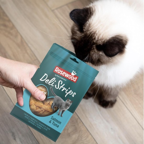 Rosewood Deli Strips Salmon & Tuna - Soft and Delicate Cat Snack with Salmon and Tuna, Low Fat Treats for Cats, No Added Salt or Sugar, No Artificial Additives, 40 g Rosewood Deli Strips Salmon & Tuna - Soft and Delicate Cat Snack with Salmon and Tuna, Low Fat Treats for Cats, No Added Salt or Sugar, No Artificial Additives, 40 g