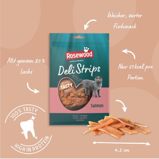 Rosewood Deli Strips Salmon & Tuna - Soft and Delicate Cat Snack with Salmon and Tuna, Low Fat Treats for Cats, No Added Salt or Sugar, No Artificial Additives, 40 g Rosewood Deli Strips Salmon & Tuna - Soft and Delicate Cat Snack with Salmon and Tuna, Low Fat Treats for Cats, No Added Salt or Sugar, No Artificial Additives, 40 g