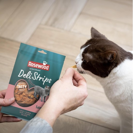 Rosewood Deli Strips Salmon & Tuna - Soft and Delicate Cat Snack with Salmon and Tuna, Low Fat Treats for Cats, No Added Salt or Sugar, No Artificial Additives, 40 g Rosewood Deli Strips Salmon & Tuna - Soft and Delicate Cat Snack with Salmon and Tuna, Low Fat Treats for Cats, No Added Salt or Sugar, No Artificial Additives, 40 g