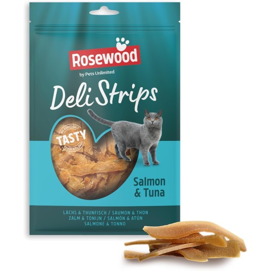 Rosewood Deli Strips Salmon & Tuna - Soft and Delicate Cat Snack with Salmon and Tuna, Low Fat Treats for Cats, No Added Salt or Sugar, No Artificial Additives, 40 g Rosewood Deli Strips Salmon & Tuna - Soft and Delicate Cat Snack with Salmon and Tuna, Low Fat Treats for Cats, No Added Salt or Sugar, No Artificial Additives, 40 g