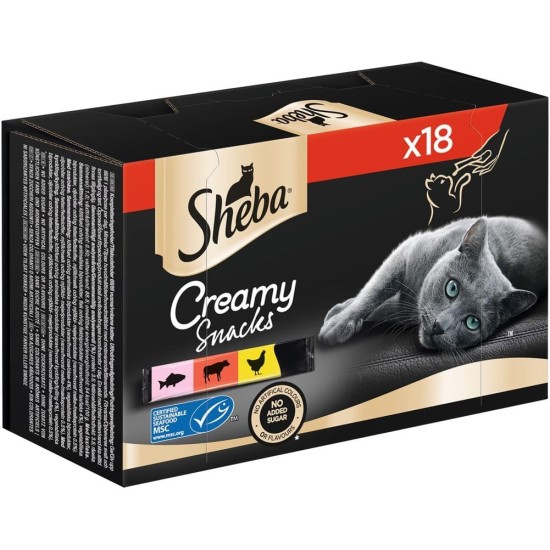 Sheba Creamy Snacks, creamy cat treats with 3 flavours, 6 bags each, 18 x 12 g Sheba Creamy Snacks, creamy cat treats with 3 flavours, 6 bags each, 18 x 12 g