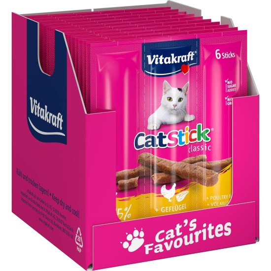 Vitakraft Cat Stick Classic, Cat Treat, Meaty Stick, with Poultry and Liver, Storage Size, No Added Sugar (10 x 36 g) Vitakraft Cat Stick Classic, Cat Treat, Meaty Stick, with Poultry and Liver, Storage Size, No Added Sugar (10 x 36 g)
