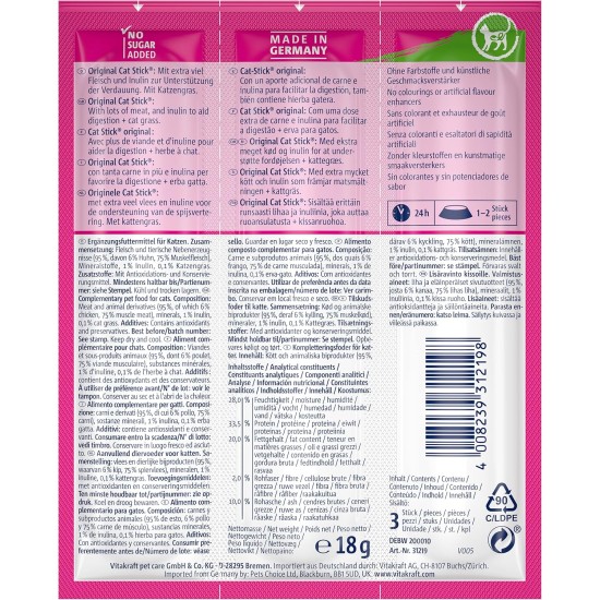 Vitakraft Cat Stick Classic, Cat Treat, Meaty Stick, with Poultry and Liver, Storage Size, No Added Sugar (10 x 36 g) Vitakraft Cat Stick Classic, Cat Treat, Meaty Stick, with Poultry and Liver, Storage Size, No Added Sugar (10 x 36 g)