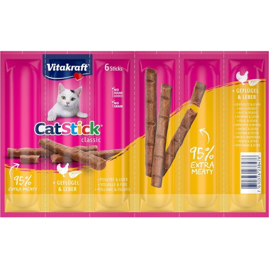 Vitakraft Cat Stick Classic, Cat Treat, Meaty Stick, with Poultry and Liver, Storage Size, No Added Sugar (10 x 36 g) Vitakraft Cat Stick Classic, Cat Treat, Meaty Stick, with Poultry and Liver, Storage Size, No Added Sugar (10 x 36 g)