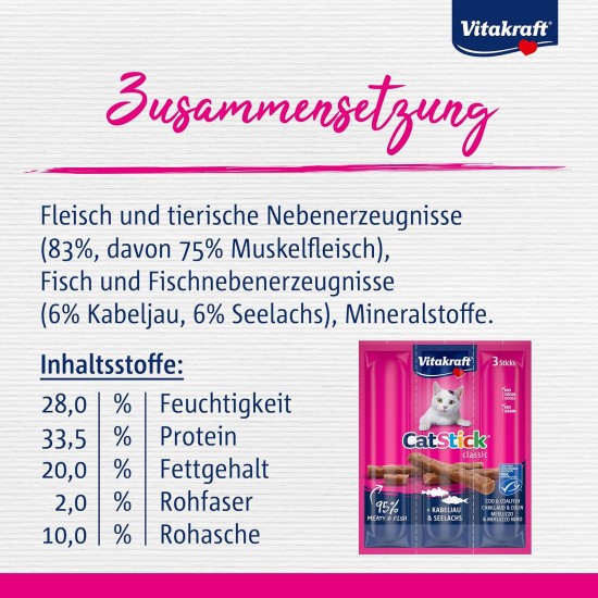 Vitakraft Cat Stick Classic, Cat Treat, Meaty Stick, with Poultry and Liver, Storage Size, No Added Sugar (10 x 36 g) Vitakraft Cat Stick Classic, Cat Treat, Meaty Stick, with Poultry and Liver, Storage Size, No Added Sugar (10 x 36 g)