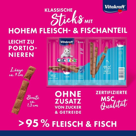 Vitakraft Cat Stick Classic, Cat Treat, Meaty Stick, with Salmon, Storage Size, No Added Sugar (10 x 36 g) Vitakraft Cat Stick Classic, Cat Treat, Meaty Stick, with Salmon, Storage Size, No Added Sugar (10 x 36 g)