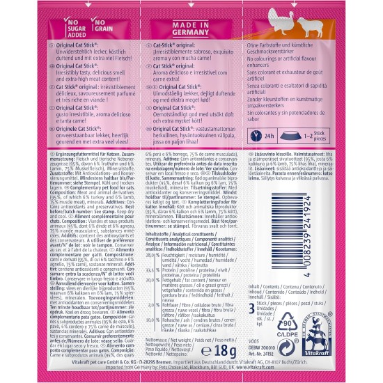 Vitakraft Cat Stick Classic, Cat Treat, Meaty Stick, with Turkey and Lamb, Storage Size, No Added Sugar (10 x 36 g) Vitakraft Cat Stick Classic, Cat Treat, Meaty Stick, with Turkey and Lamb, Storage Size, No Added Sugar (10 x 36 g)
