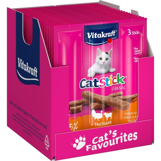 Vitakraft Cat Stick Classic, Cat Treat, Meaty Stick, with Turkey and Lamb, Storage Size, No Added Sugar (10 x 36 g) Vitakraft Cat Stick Classic, Cat Treat, Meaty Stick, with Turkey and Lamb, Storage Size, No Added Sugar (10 x 36 g)