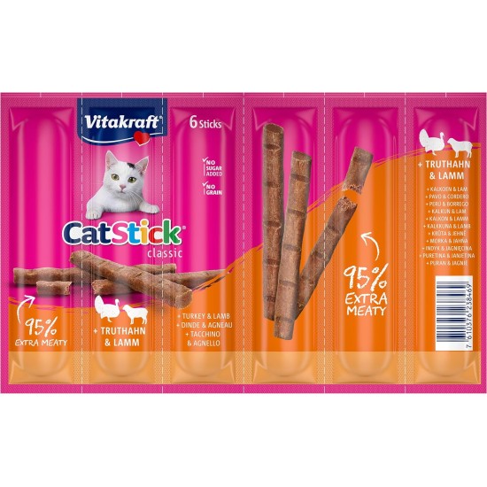 Vitakraft Cat Stick Classic, Cat Treat, Meaty Stick, with Turkey and Lamb, Storage Size, No Added Sugar (10 x 36 g) Vitakraft Cat Stick Classic, Cat Treat, Meaty Stick, with Turkey and Lamb, Storage Size, No Added Sugar (10 x 36 g)