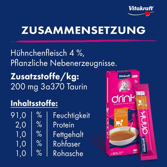 Vitakraft Drink, Liquid Cat Treat, Cat Snack for Balanced Liquid Household, with Chicken, in Individual Sachets, No Added Sugar (1 Pack of 5 x 30 g) Vitakraft Drink, Liquid Cat Treat, Cat Snack for Balanced Liquid Household, with Chicken, in Individual Sachets, No Added Sugar (1 Pack of 5 x 30 g)