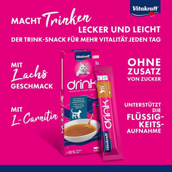Vitakraft Drink, Liquid Cat Treat, Cat Snack for Balanced Liquid Household, with Salmon, in Individual Sachets, No Added Sugar (5 x 30 g) Vitakraft Drink, Liquid Cat Treat, Cat Snack for Balanced Liquid Household, with Salmon, in Individual Sachets, No Added Sugar (5 x 30 g)