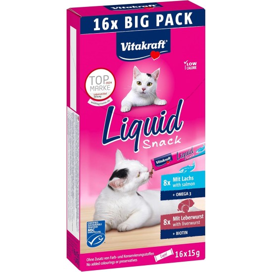 Vitakraft Liquid Snack, Cat Treat, Cream Cat Snack, with Liver Sausage and Biotin, with Salmon and Omega 3, in Individual Sachets, Storage Pack (16 x 15 g) Vitakraft Liquid Snack, Cat Treat, Cream Cat Snack, with Liver Sausage and Biotin, with Salmon and Omega 3, in Individual Sachets, Storage Pack (16 x 15 g)