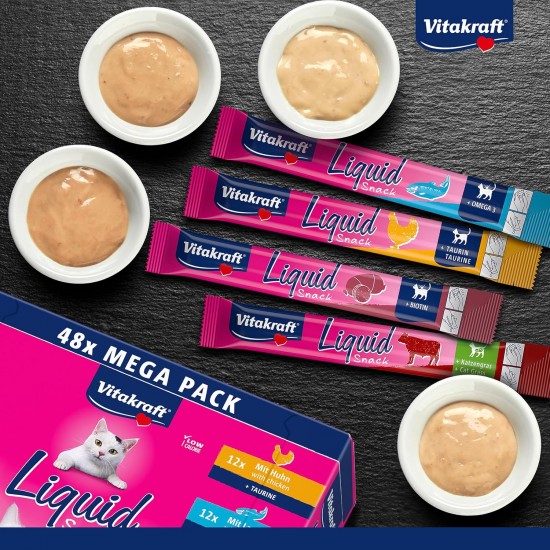 Vitakraft Liquid Snack for Cats, Cats Treats in Mega Pack, Creamy Texture, with Beef, with Chicken, with Salmon, 1 Storage Pack (48 x 15 g) Vitakraft Liquid Snack for Cats, Cats Treats in Mega Pack, Creamy Texture, with Beef, with Chicken, with Salmon, 1 Storage Pack (48 x 15 g)