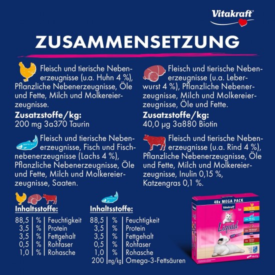 Vitakraft Liquid Snack for Cats, Cats Treats in Mega Pack, Creamy Texture, with Beef, with Chicken, with Salmon, 1 Storage Pack (48 x 15 g) Vitakraft Liquid Snack for Cats, Cats Treats in Mega Pack, Creamy Texture, with Beef, with Chicken, with Salmon, 1 Storage Pack (48 x 15 g)